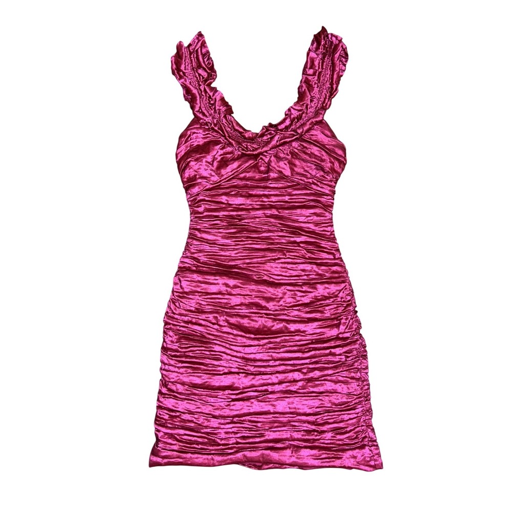 BCBGMAXAZRIA Vintage Magenta Pink Ruched Bodycon Mini Dress Ruffle Strap 0 club